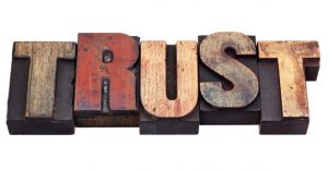 trust word in vintage grunge wooden letterpress printing blocks, isolated on white
