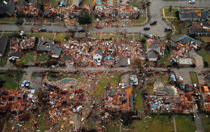 An aerial image taken Sunday, December 27, 2015 shows the path of a tornado tornado through Garland, Texas. Violent storms ripped through the North Texas area late Saturday, spawning tornados that killed 11 people. (G.J. McCarthy/The Dallas Morning News)